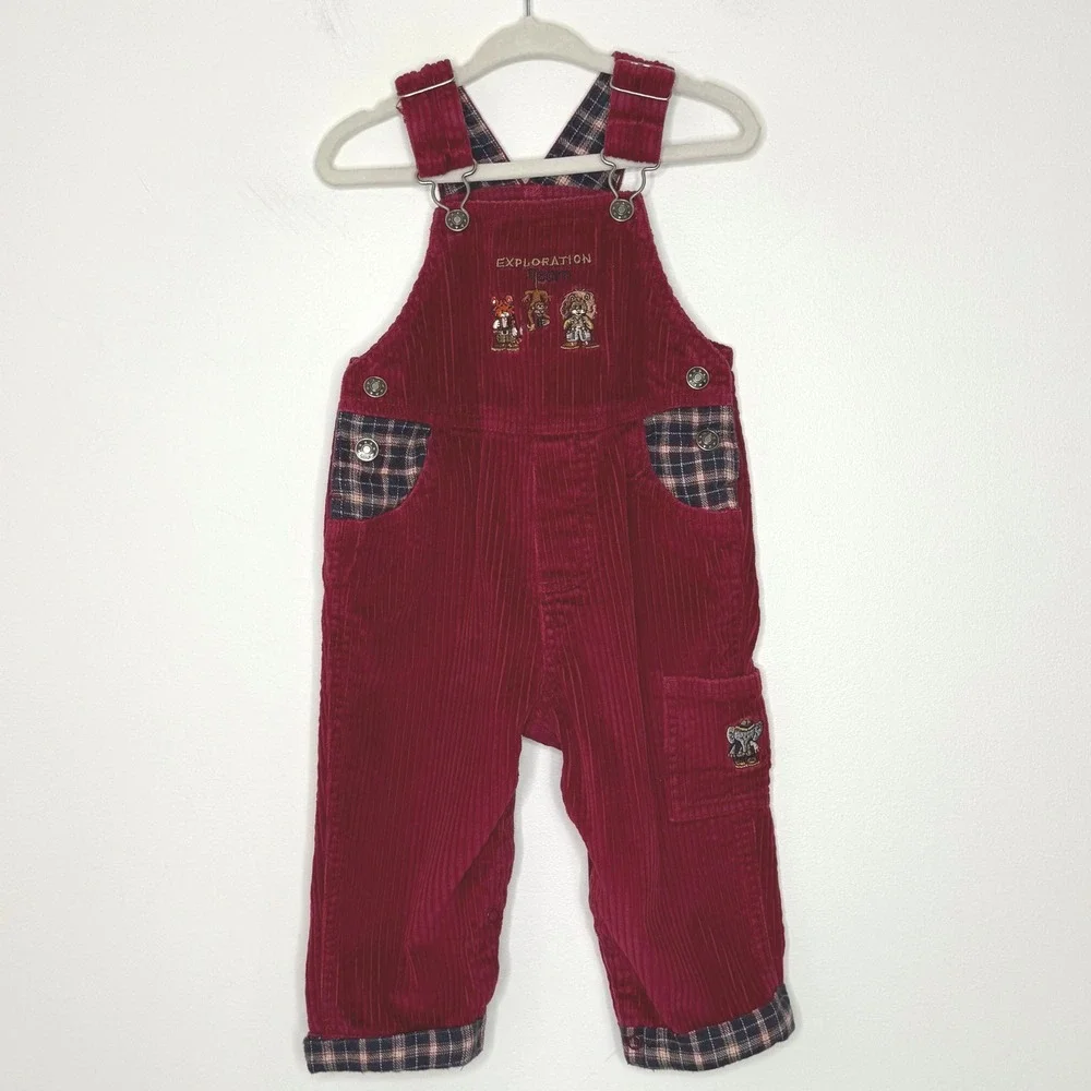 Vintage Sesame Street red corduroy and flannel‎ overalls 18M